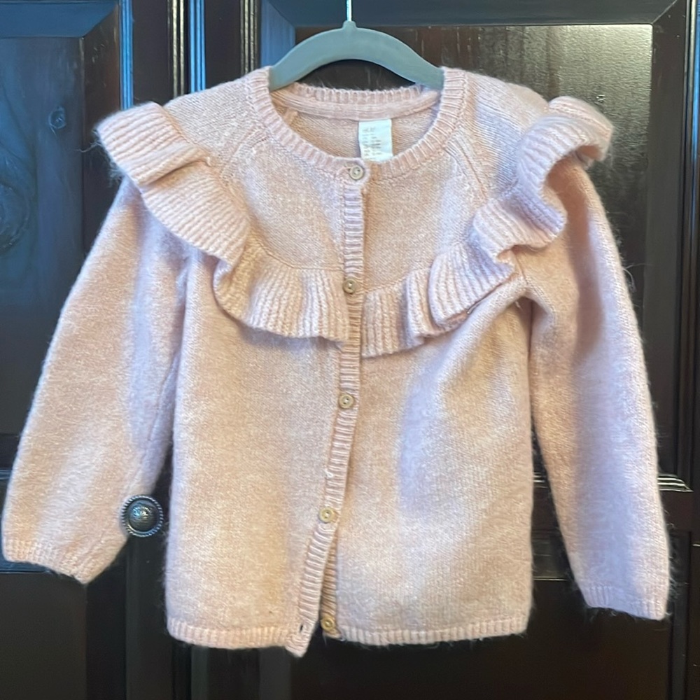 H&M Baby Girl Dusty Rose Ruffle Cardigan Button Up long sleeve shirt 12-28m